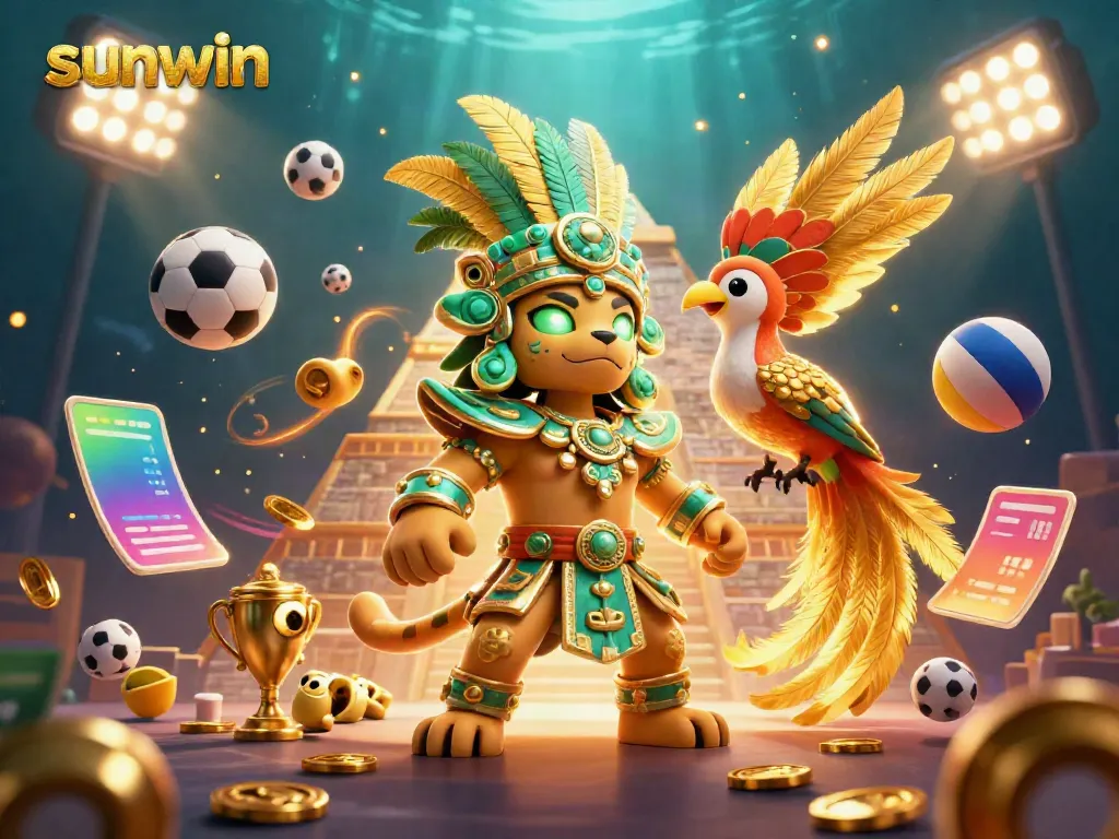 Experience thrilling gameplay with sunwin's vibrant 3D illustration of a Mayan jaguar priest and golden elements.