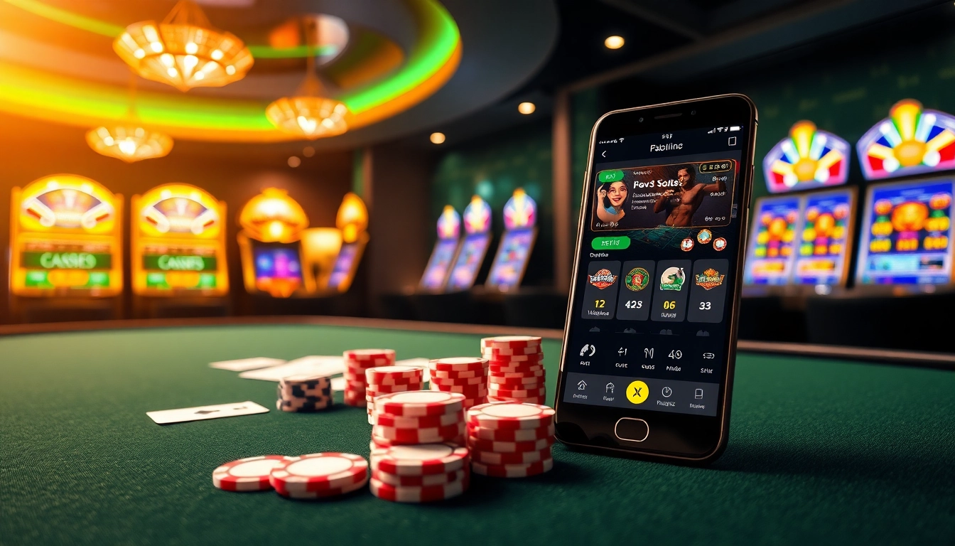 S8 app interface showcased on a sleek smartphone in a vibrant casino setting with gaming tables and slot machines.