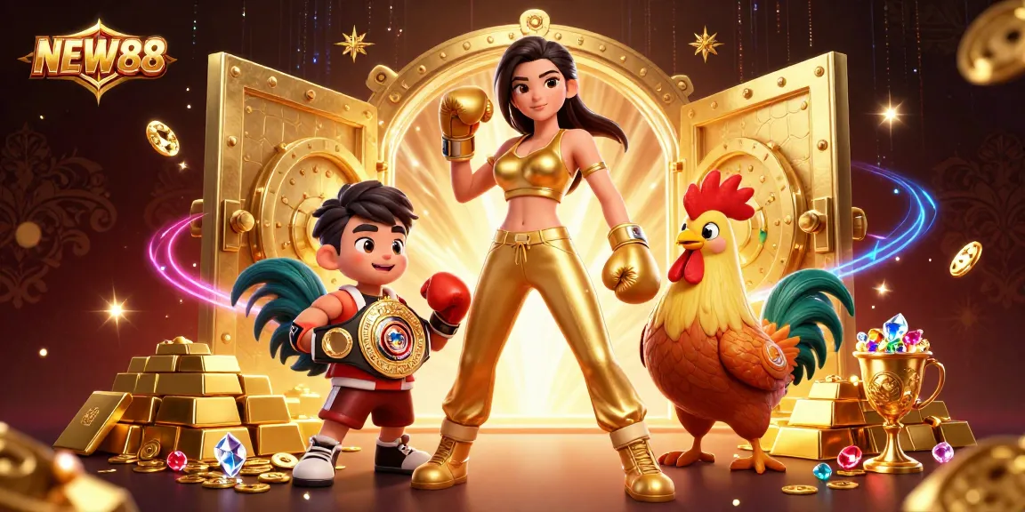 Engage in thrilling gaming experiences with NEW88's dynamic 3D illustration showcasing action and luxury.