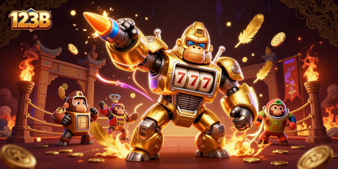 Experience thrilling gameplay at 123B, featuring a dynamic casino illustration with a mech and exciting game elements.