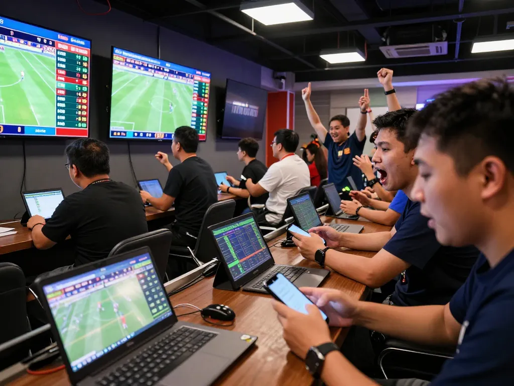 Betting enthusiast engaged in kèo bóng đá hôm nay while analyzing odds on multiple screens at a vibrant sports betting venue