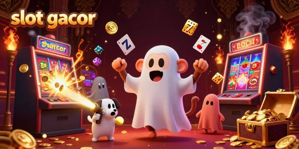 Experience slot gacor excitement with a mischievous poltergeist monkey juggling golden casino treasures in a lavish setting.
