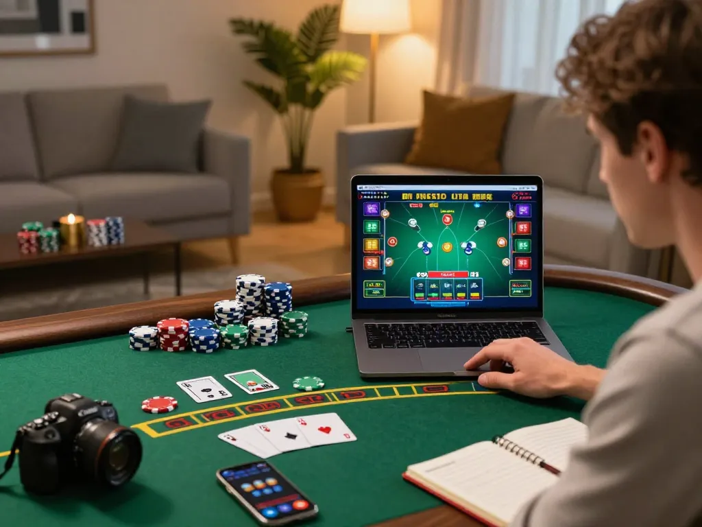 Engaged player using 88pulsa alternatif for blackjack at home with warm lighting creating a focused atmosphere.