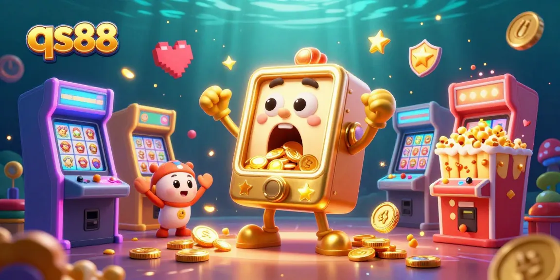 Experience the excitement of qs88 as a golden slot machine hits the jackpot amidst cheering machines and glowing game elements.