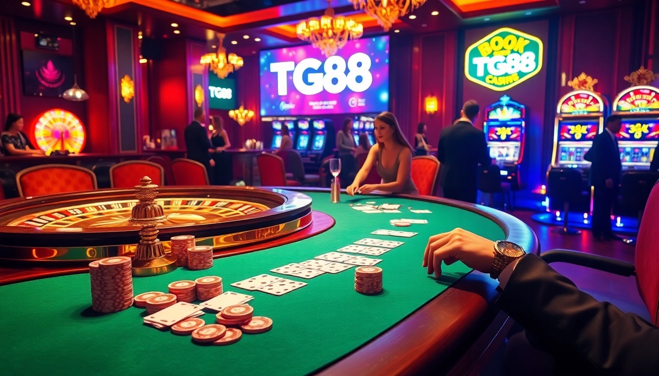 Experience the excitement of TG88-themed gambling with luxury poker tables and bright slot machines.