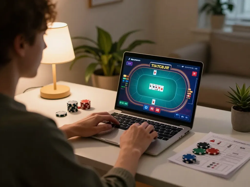 Sun win poker game played online at home with chips and strategy notes nearby.