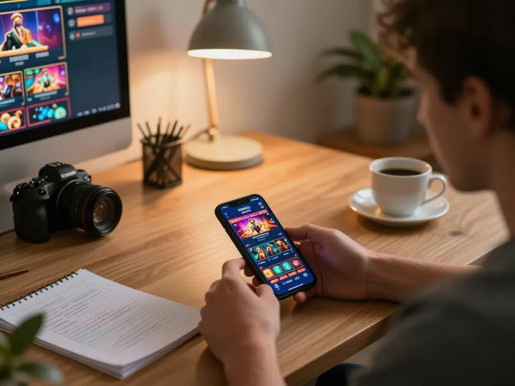 Player enjoying king33 casino mobile app on smartphone at home, engaged in strategic gameplay.