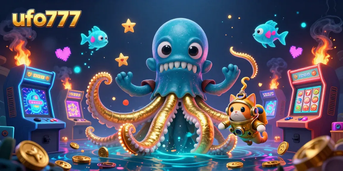 Engage in thrilling adventures at ufo777 with a colossal kraken and diving cat amidst vivid gaming elements.