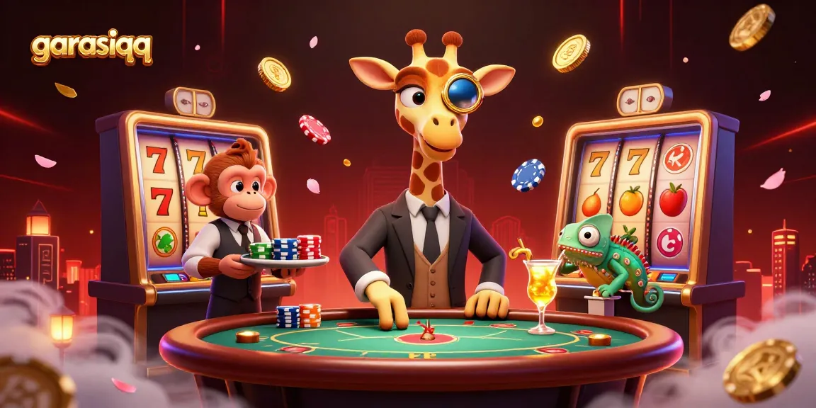 Experience the excitement of garasiqq with engaging characters in a dynamic casino scene filled with vibrant slot machines.