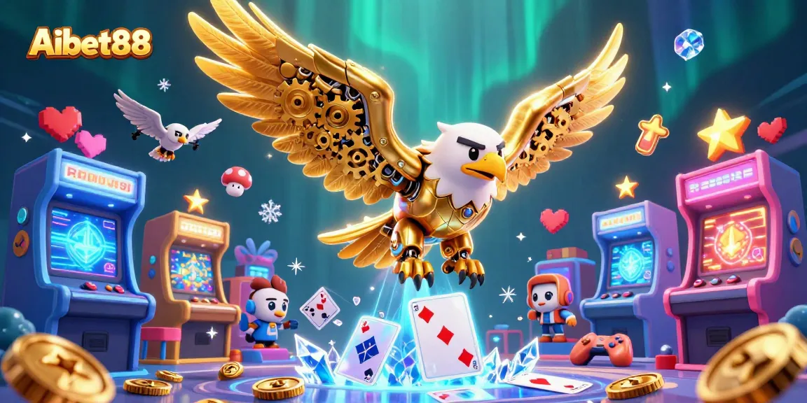 Aibet88 showcases a dynamic 3D golden eagle diving through holographic playing cards in an immersive casino scene.