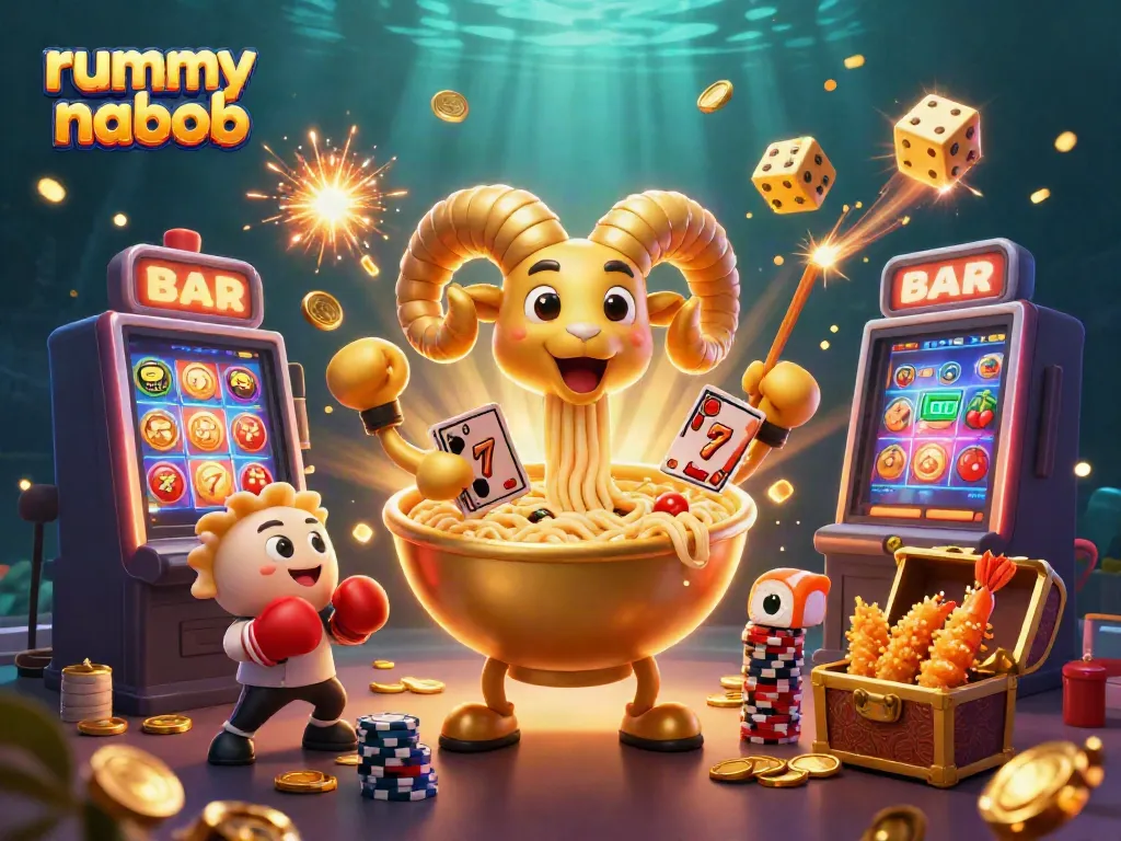 Bermain Rummy Nabob dengan karakter menarik dan simbol permainan yang dinamis.