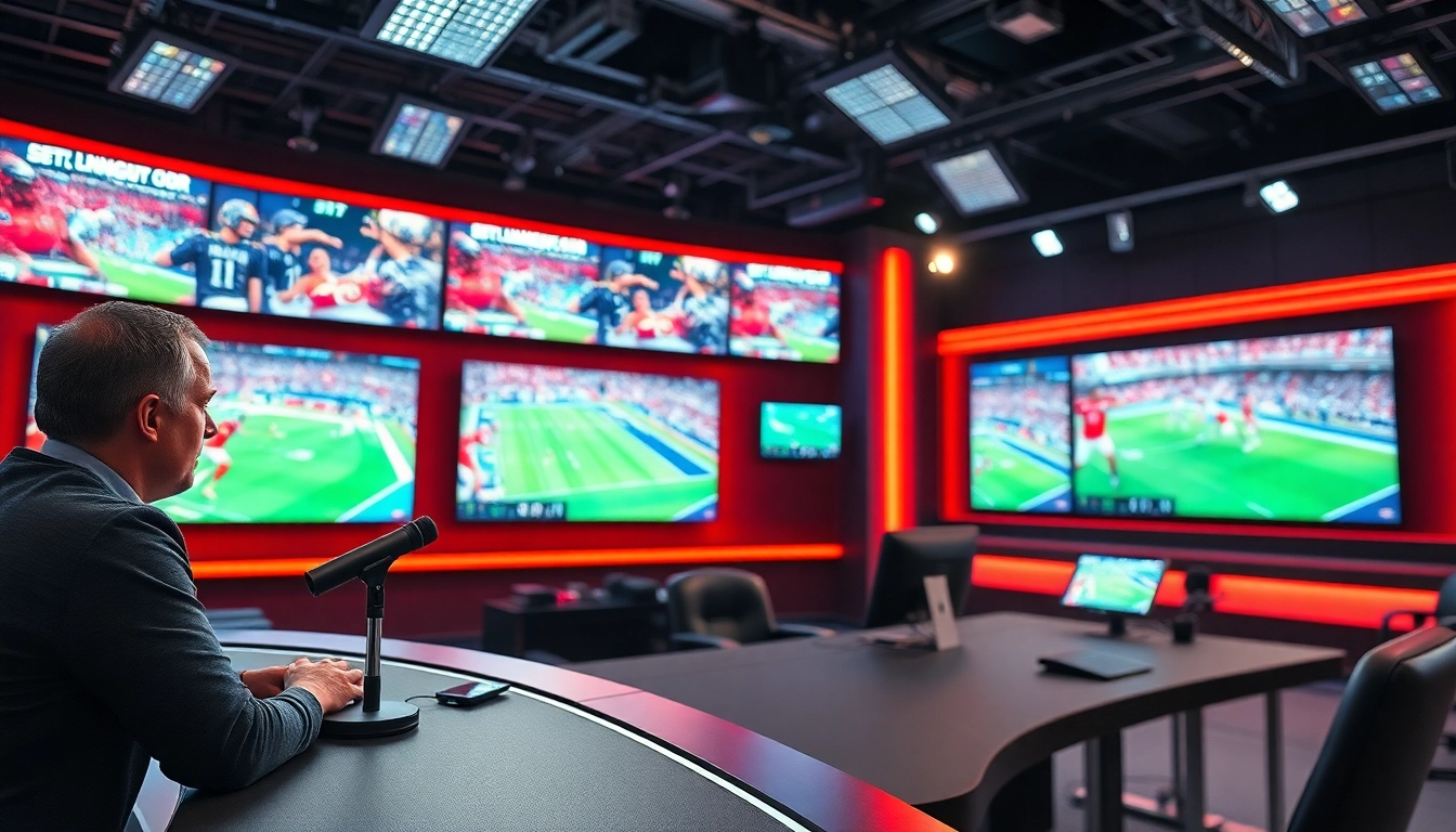 Dynamic sports broadcasting studio setup showcasing live sports events in action.