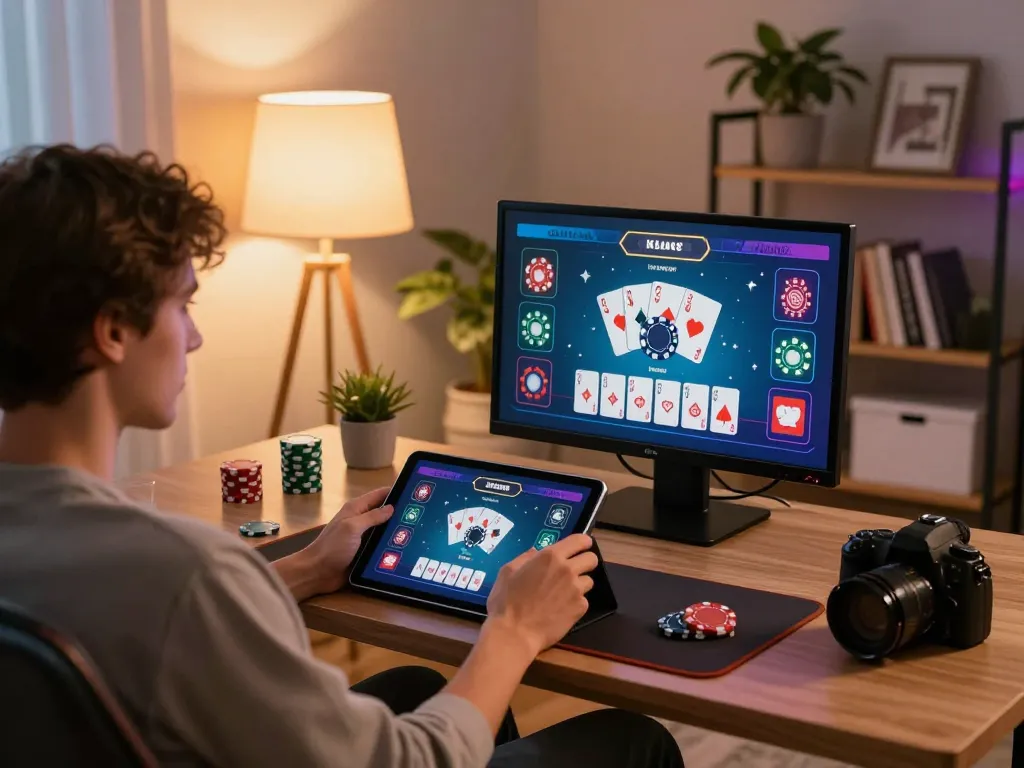 Engaging player using a tablet at https://ko6689.com/ for online poker, immersed in a modern home setting.