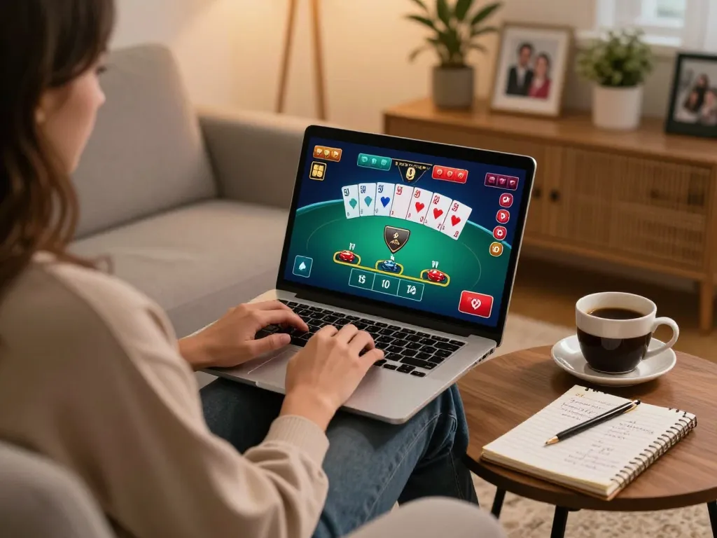 Engaging online gameplay with ดูหนังออนไลน์ฟรี experience showcased on a laptop screen, highlighting strategic bets in a cozy home setting.