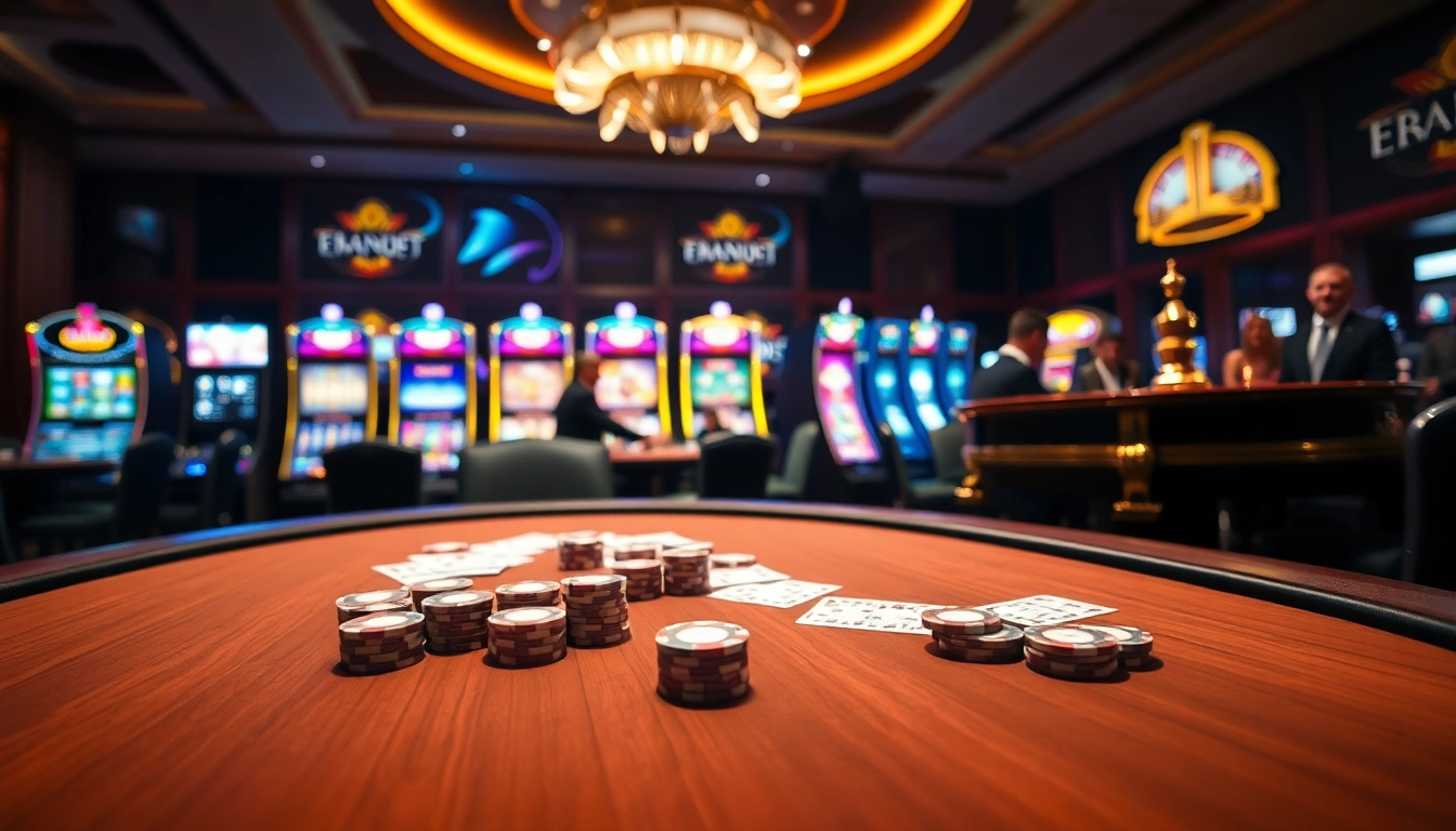 KJC casino scene showcasing high-stakes poker table, vibrant slot machines, and ambient lighting.