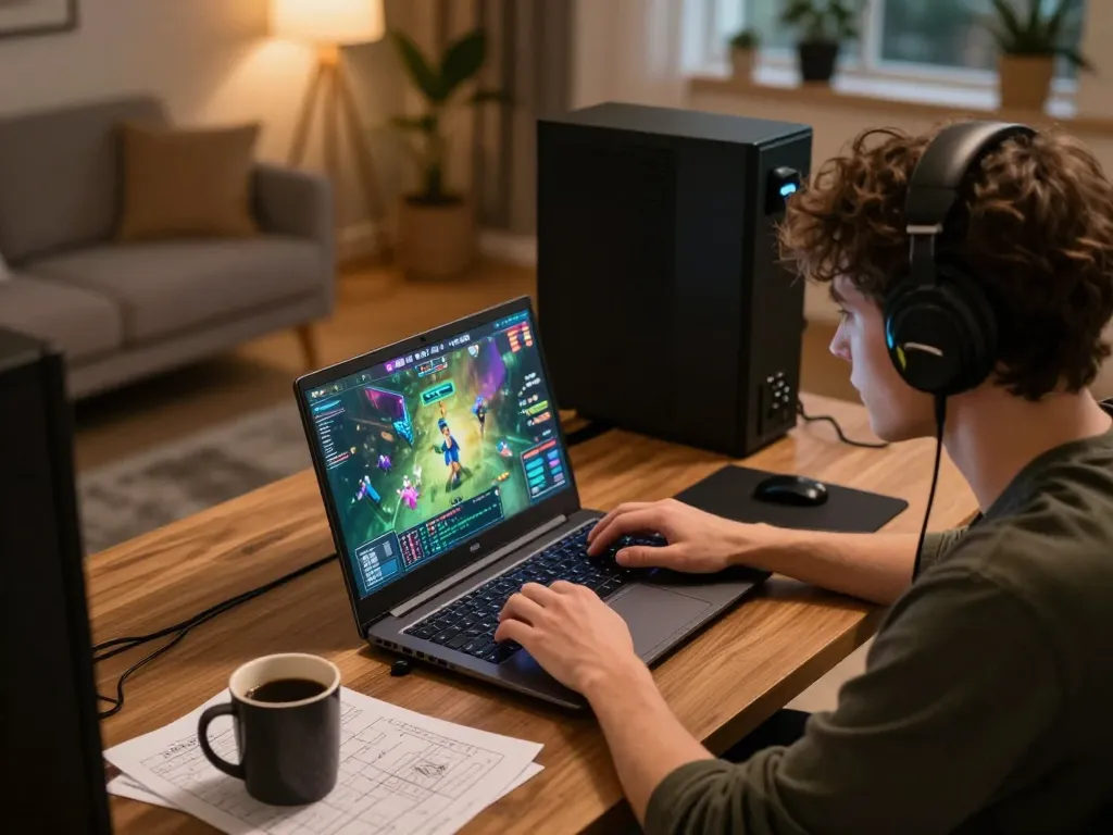 Player enjoying a go8 gaming session on a laptop at home, showcasing immersive online casino action.