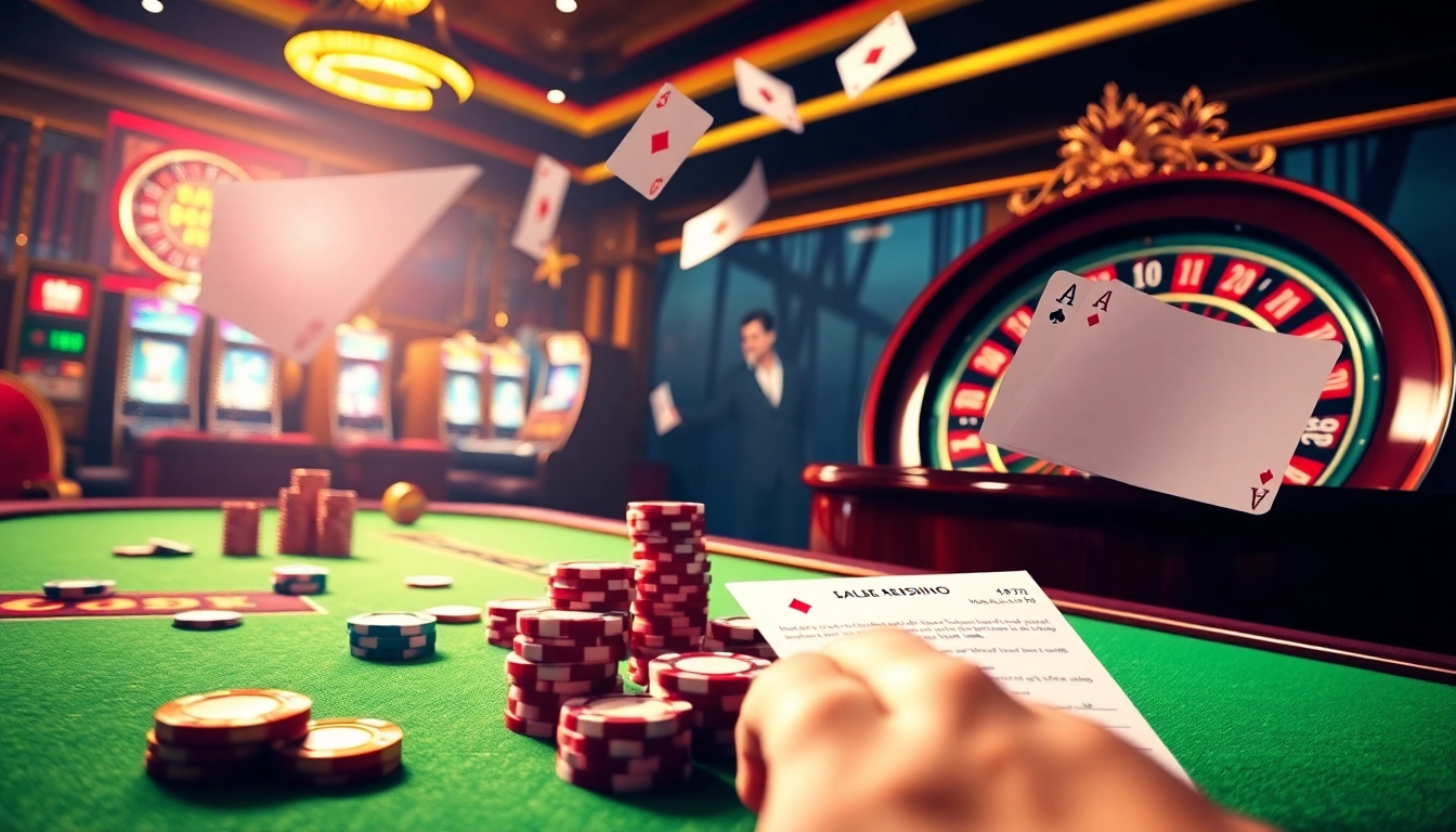 Gambling action at Ga6789's vibrant online casino with poker chips and roulette wheel.