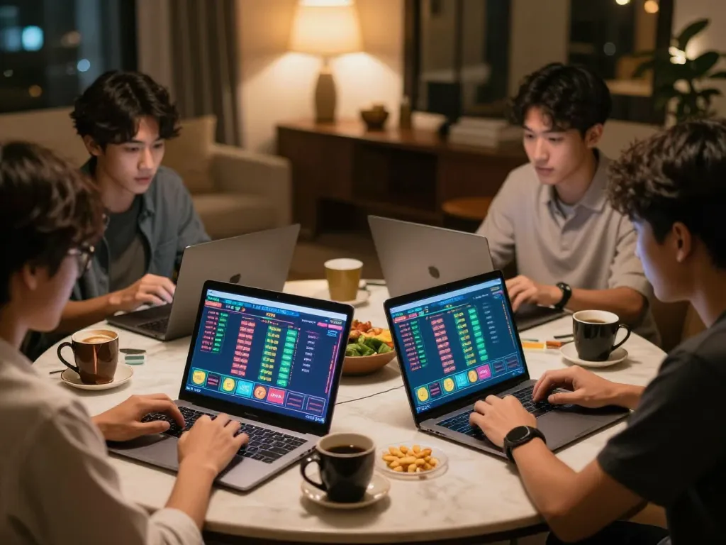 Engaged friends reviewing data sgp results while playing togel online in a cozy setting.