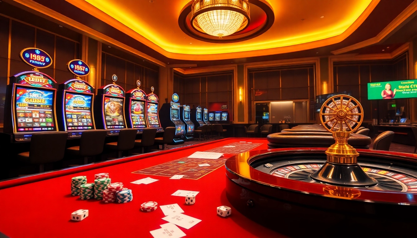 Experience thrilling gaming action with i9bet at a vibrant casino table filled with poker chips and dazzling slot machines.