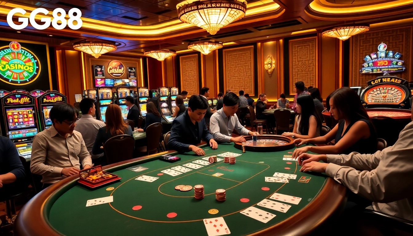 GG88 offers thrilling gambling experiences at an elegant blackjack table with colorful slot machines.