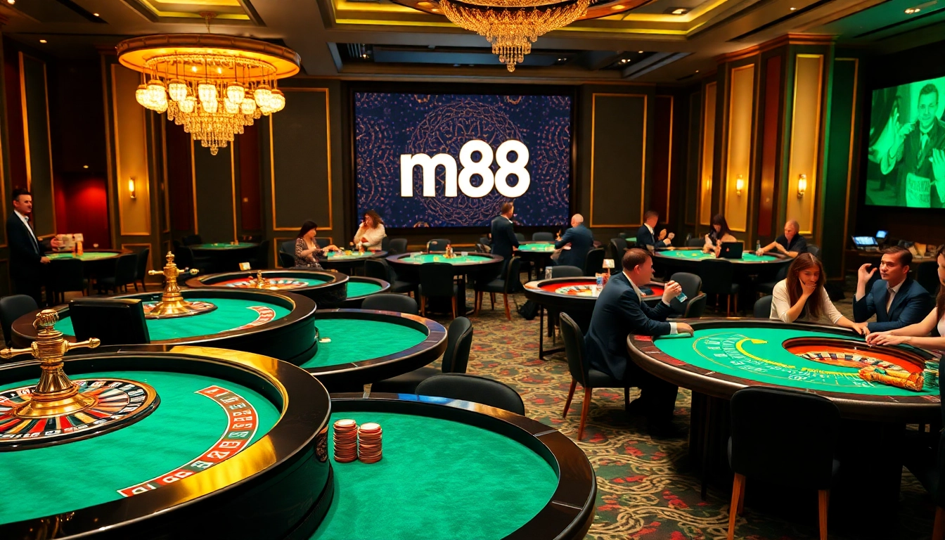 Experience the thrill of gameplay at M88, featuring dynamic casino tables and vibrant poker chips.