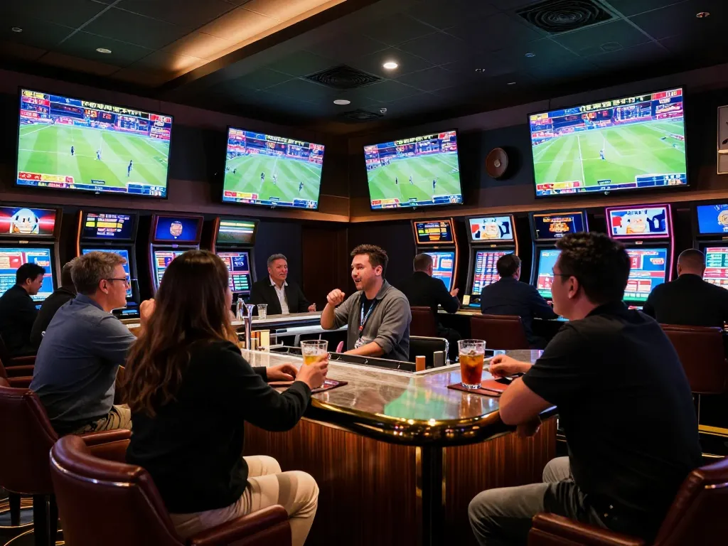 Excited patrons placing bets at dh88 sports betting lounge during a major event with dynamic screens.