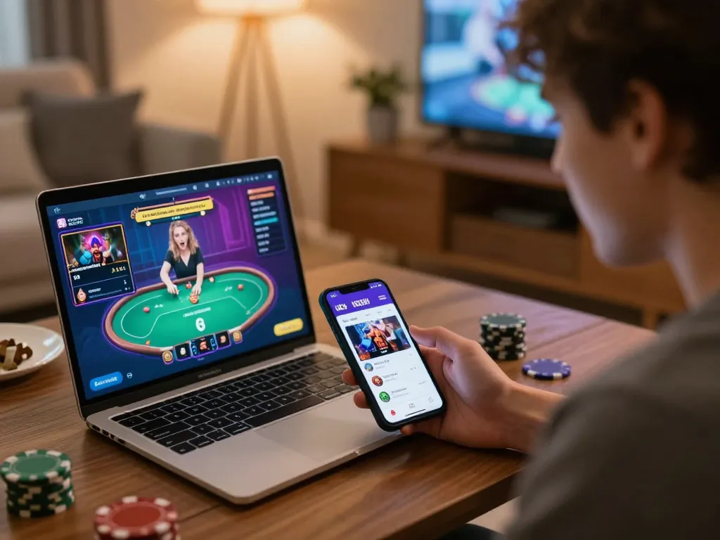 Gambling with UGDEWA app on smartphone while playing poker online, cozy atmosphere highlighting strategic gaming