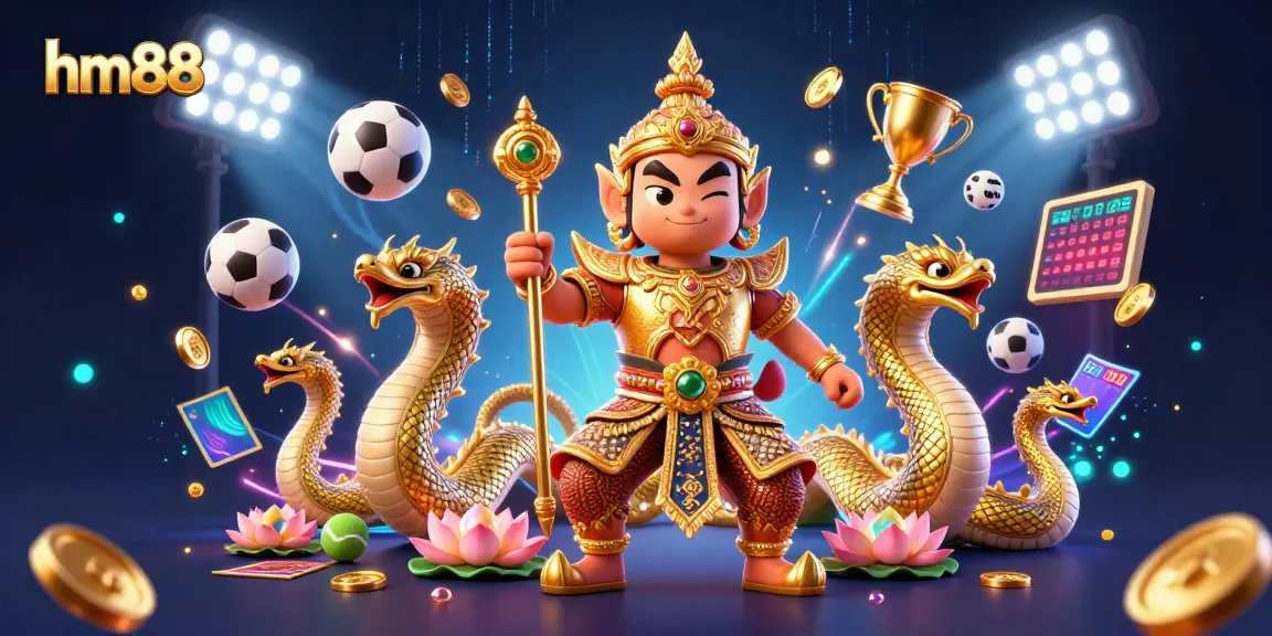 Bet on big wins with hm88, showcasing vibrant 3D casino characters and dynamic sports elements.