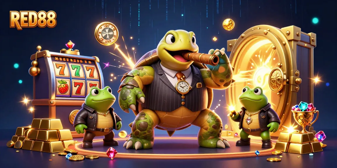 Experience the thrill of RED88 with a vibrant casino scene featuring a turtle mobster and gold treasures.