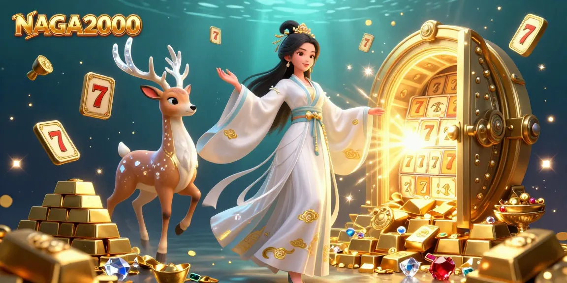 NAGA2000 menampilkan ilustrasi 3D yang menakjubkan dari seorang wanita dalam hanfu dengan elemen slot dan harta yang meledak dari brankas.
