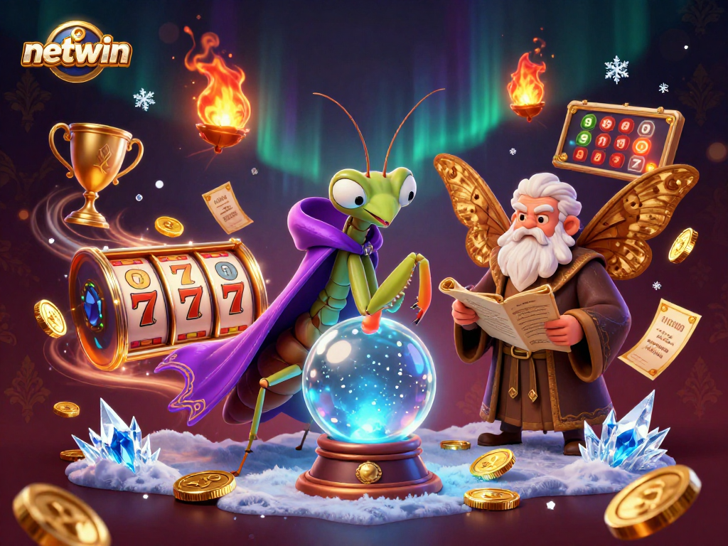 Engage with netwin's vibrant casino world through a mystical illustration featuring dynamic slot elements.