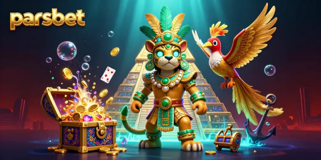 Parsbet'te eğlenceli casino atmosferinde 3D Mayalı jaguar rahibi ve kuetzal kuşu etrafında altın ve mücevherlerle dolu denizaltı hazinesi.