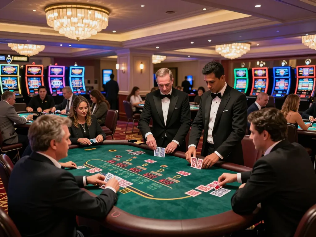 An exciting moment at okwin as players engage at blackjack tables, showcasing dynamic gameplay and a vibrant casino atmosphere.