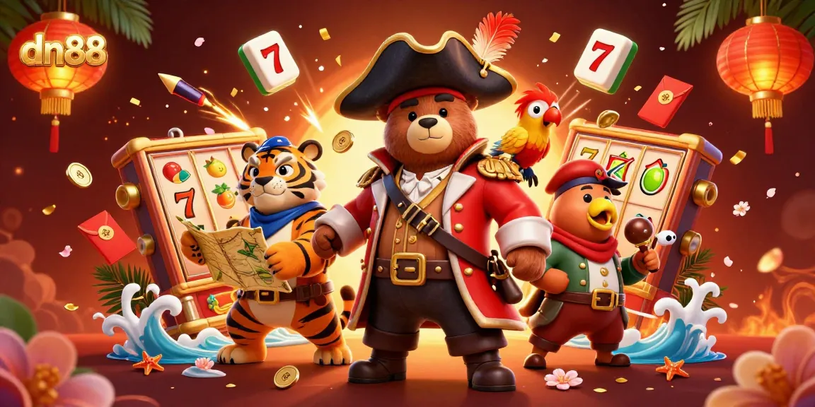 Experience thrilling gameplay with dn88 as a cartoon pirate captain bear and friends uncover hidden treasures.