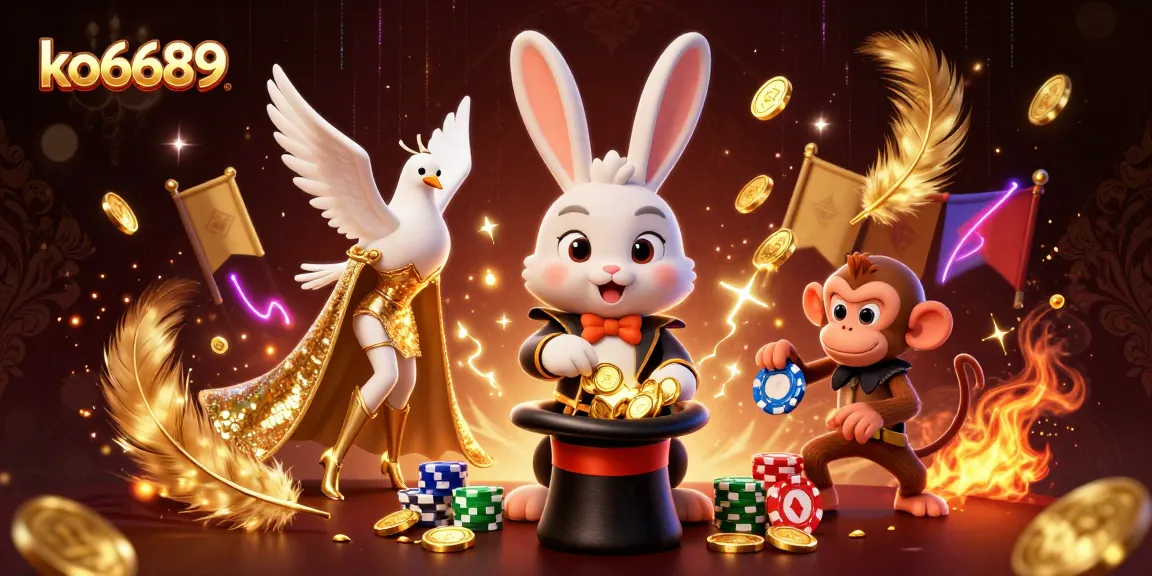 Experience exciting wins at ko6689 with a lively scene of a magician, dove, and monkey in a casino.