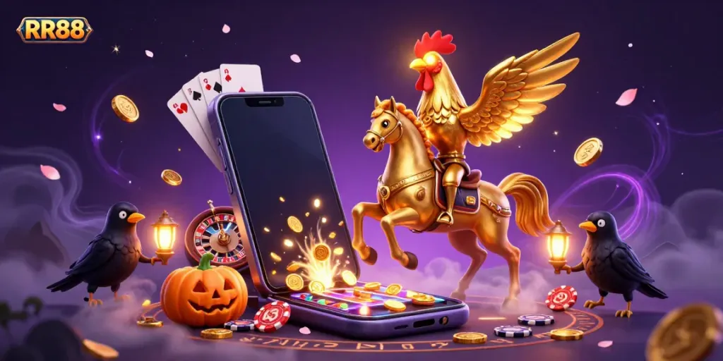 Experience the excitement of RR88 with a golden rooster casino scene full of vivid games and enchanting details.