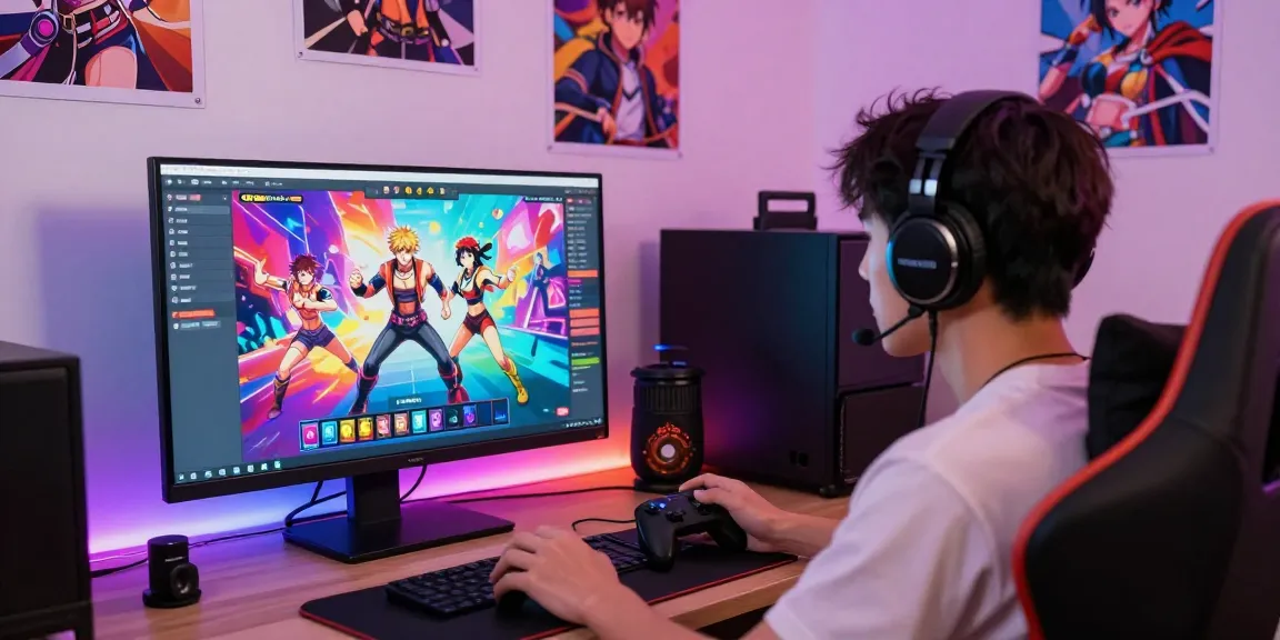 Engaging player immersed in gay hentai game on vibrant browser interface with anime-style graphics