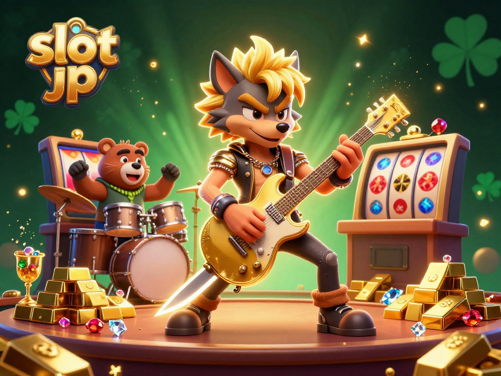 Shredding rock star wolf on a casino stage brings excitement to slot jp gaming with dynamic reels and treasure.