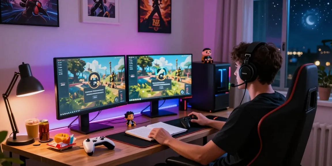 Raja Game login in a cozy gaming setup with monitors, snacks, and warm lighting.