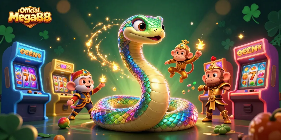 Experience gaming excitement with Official Mega888, featuring a lively scene with a rainbow serpent and playful elements.