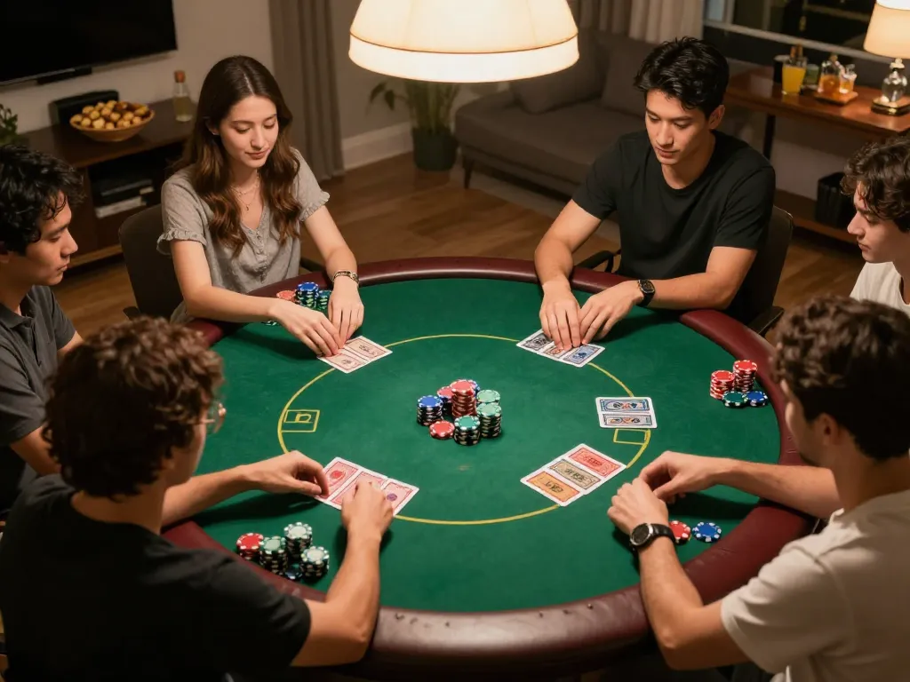 Exciting friends playing poker at home with tg88's gaming strategy, showcasing competitive spirit.