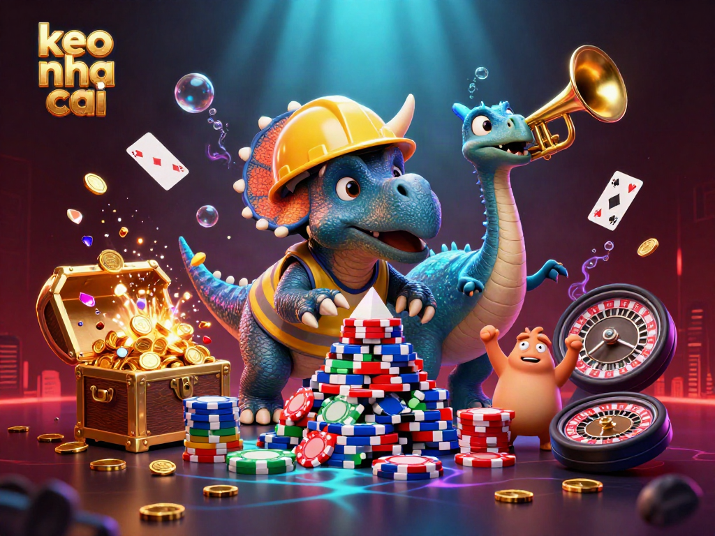 Experience excitement with keo nha cai as a triceratops builds poker chips and celebrates in an immersive casino scene.