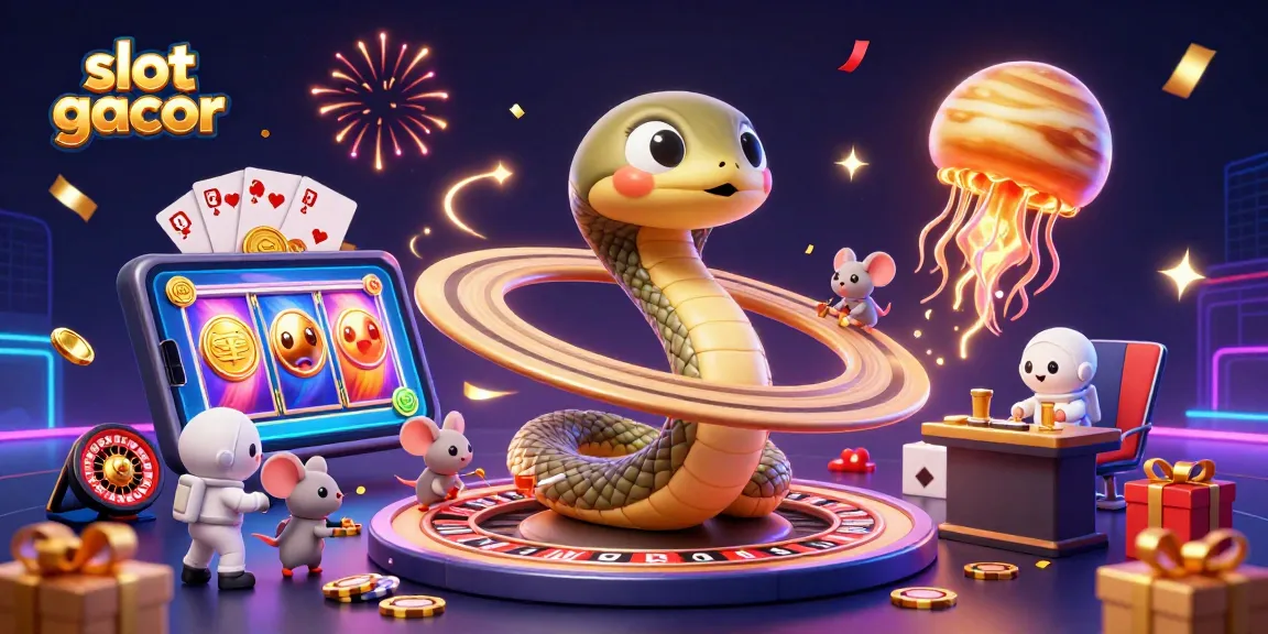 Menangkan slot gacor dengan simbol slot berwarna cerah dan karakter kasino yang berinteraksi dinamis.