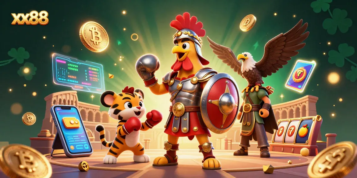 Spin winning jackpots at xx88 with an engaging 3D illustration of casino elements and characters.