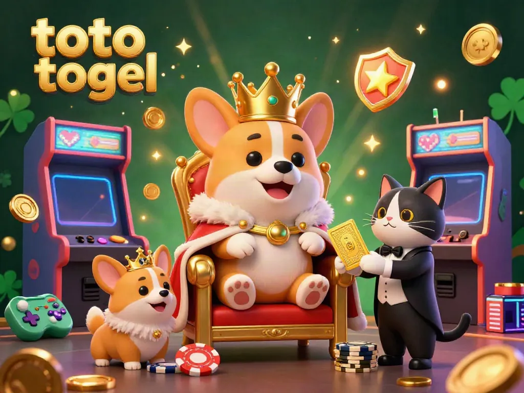 Engage with the lively scene of "toto togel" featuring a royal corgi on a poker chip throne with epic game elements.