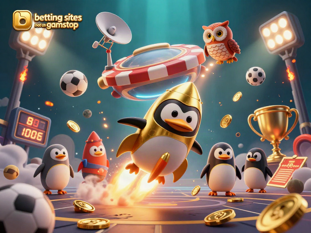 Experience the excitement of betting sites not on gamstop with a golden penguin and sports elements.