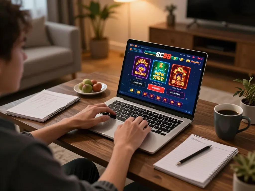 Person engaging with SC88 online gambling on a laptop, showcasing a vibrant casino interface amidst a cozy home setting.