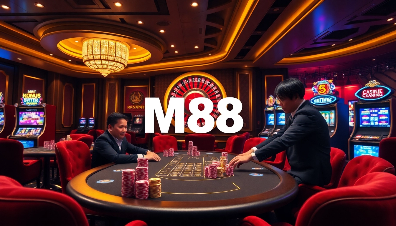 M88 casino scene with players at a poker table and a vibrant roulette wheel.