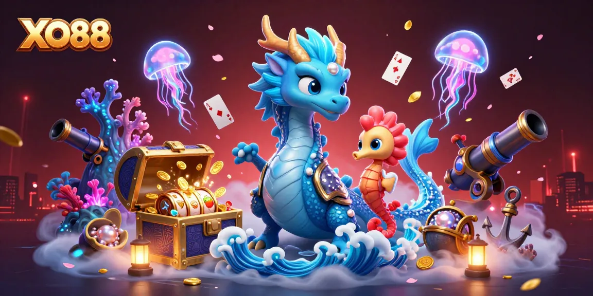 Experience the excitement of XO88 with dragon and knight amidst dazzling slot game treasures.
