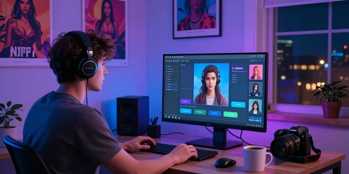 Engaging NSFW AI chat scene with user interacting in a cozy home office.